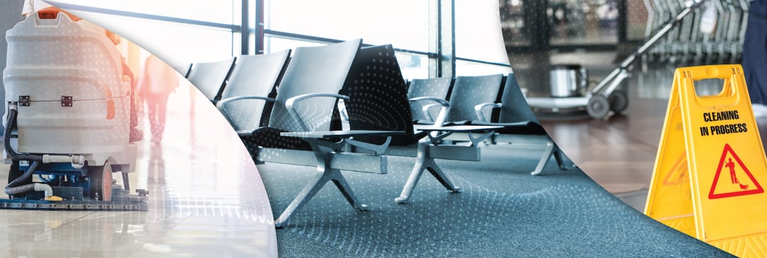 a collage of image of floor scrubber, airport seating area, floor cleaning with wet floor sign