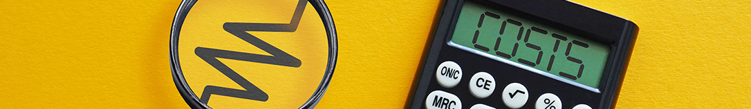 a banner showing calculator says costs with zigzagging arrow over a circle