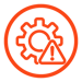 Reduce downtime icon - a gear with triangle sign with exclamation point in a circle