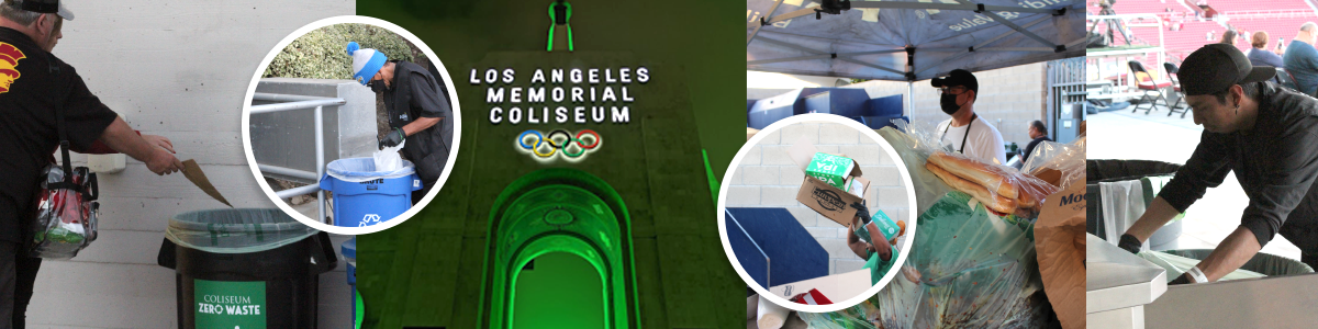 A collage of images of LA Memorial Coliseum's sustainability efforts