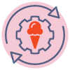 efficiency icon, gear, circling arrow with ice cream cone in the center