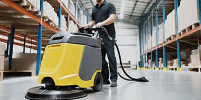 janitor scrubbing warehouse floor with floor scrubber