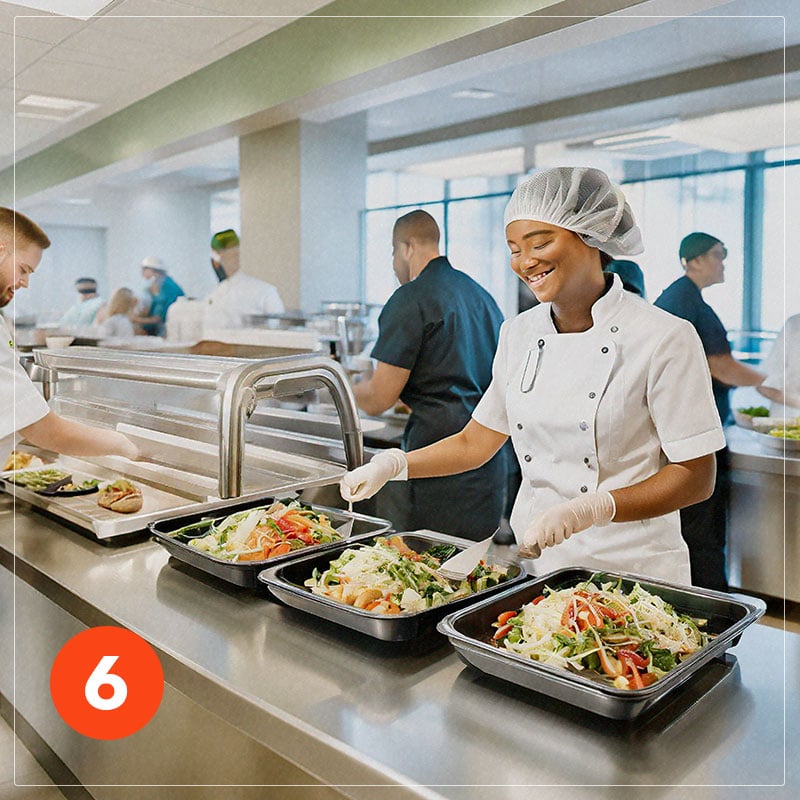 server distributing salad from fresh batch in school cafeteria