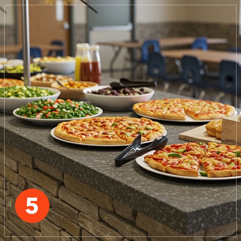stone or corian surface for food display at school cafeteria