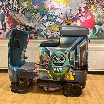 robotic scrubber wrapped in children's animation character