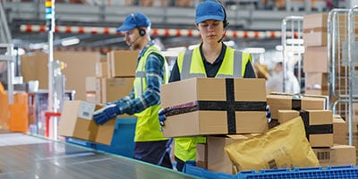 ecommerce distribution center staff working on packaging and shipping