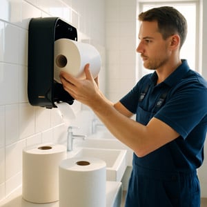 janitor replacing paper towel for dispenser