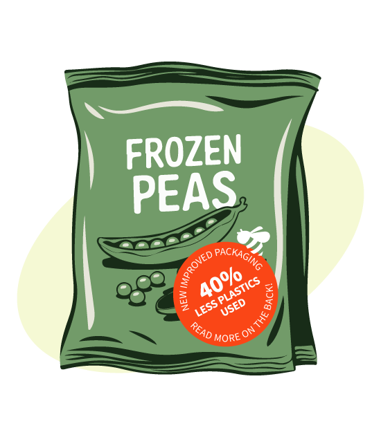a bag of frozen peas with 40% less plastics used label on it in graphics
