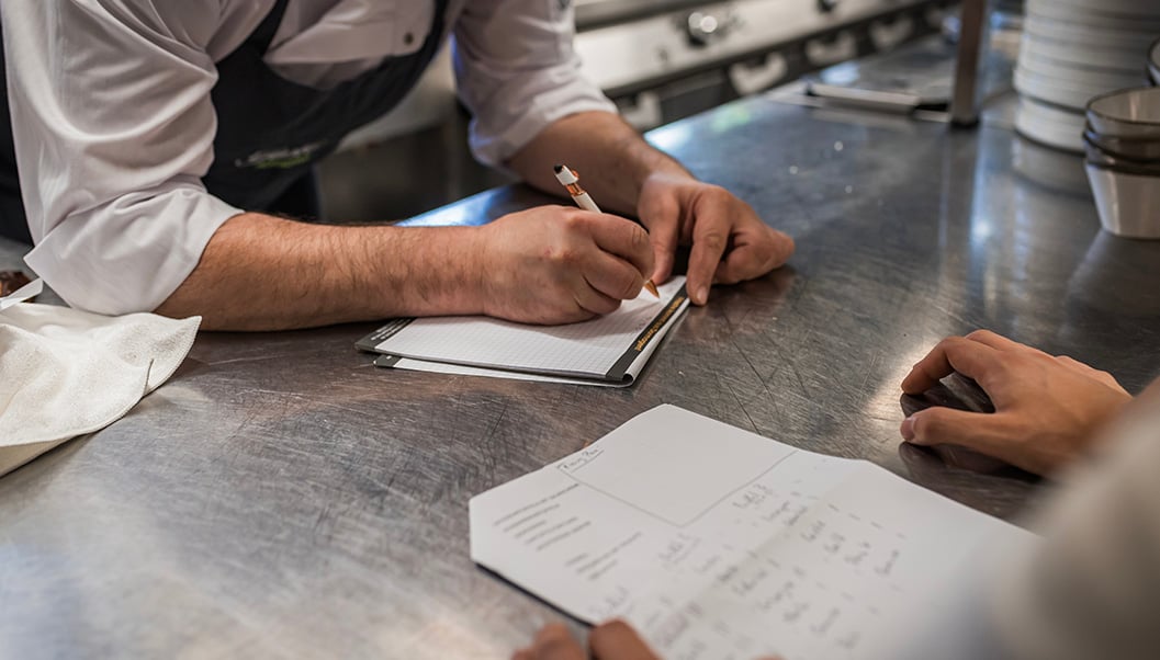 kitchen staff using checklist for catering