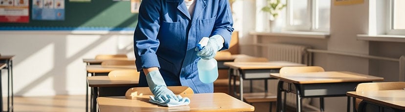 school custodian disinfecting classroom desk