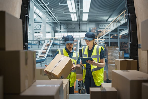 two warehouse workers loading shipments to the truck for delivery