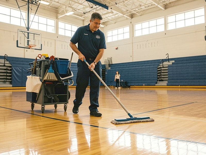 A school custodian cleaning gym floor